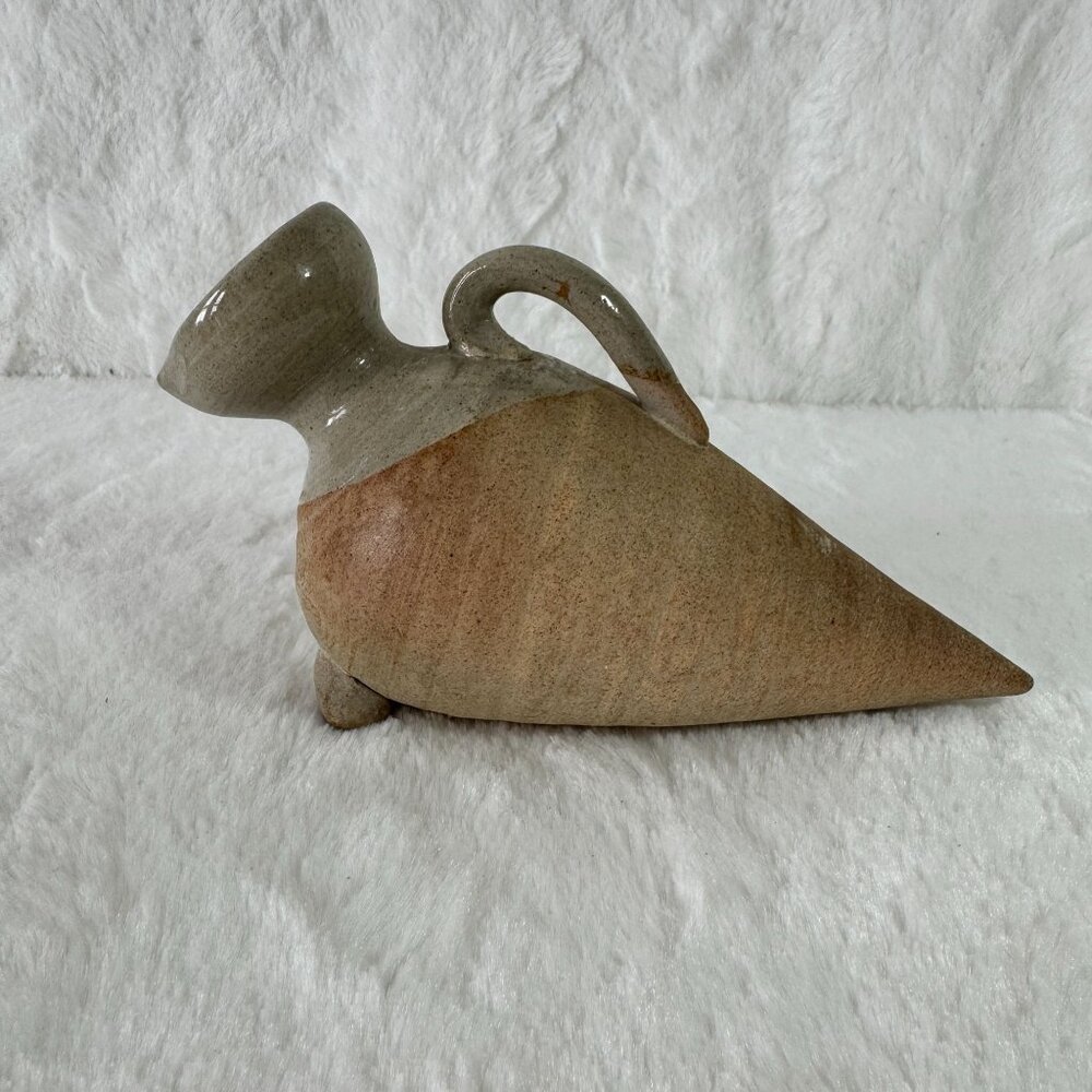 Vintage Handcrafted Ceramic Amphora Style Vase Handle Tripod Base Beige & Gray - Picture 1 of 9